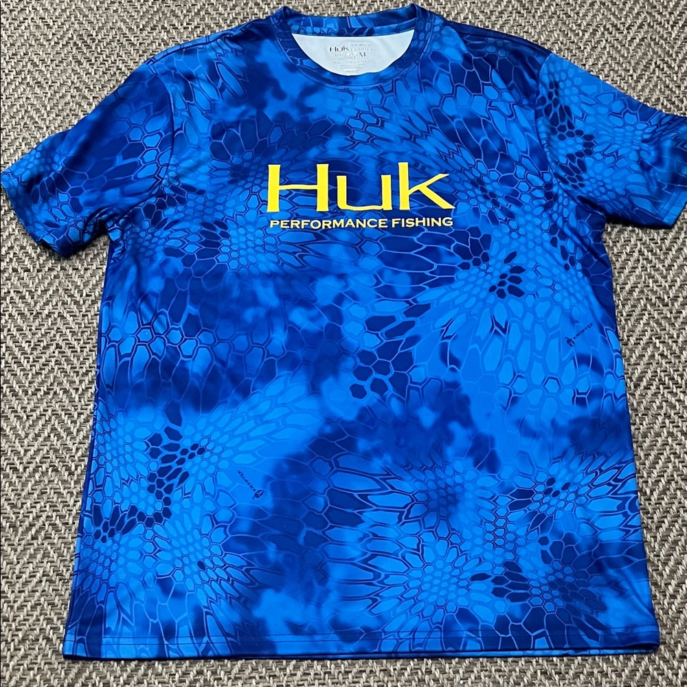 Huk Cobalt Blue Fishing Tee with Yellow Logo Men’s Medium